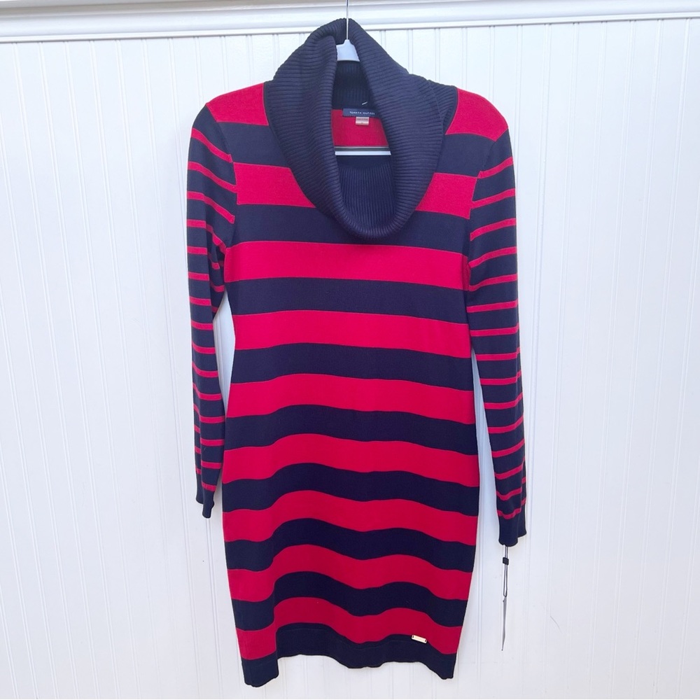 Tommy Hilfiger Navy Blue & Red Stripe Funnel Turtleneck Sweater Dress Medium NEW